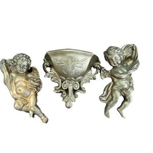 Vintage Homco #1120 Wall Hanging Decor Gold Cherub Angels Wall Pocket‎ Ornate